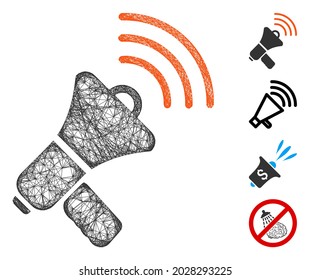 Mesh megaphone ads web icon vector illustration. Carcass model is based on megaphone ads flat icon. Network forms abstract megaphone ads flat model.