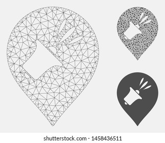 Mesh megaphone map marker model with triangle mosaic icon. Wire carcass triangular mesh of megaphone map marker. Vector collage of triangle elements in various sizes, and color tones.