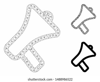 Mesh megaphone model with triangle mosaic icon. Wire carcass polygonal mesh of megaphone. Vector composition of triangle elements in different sizes, and color shades. Abstract 2d mesh megaphone,