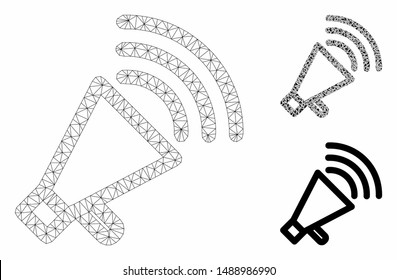 Mesh megaphone model with triangle mosaic icon. Wire frame triangular mesh of megaphone. Vector composition of triangle parts in various sizes, and color tones. Abstract 2d mesh megaphone,