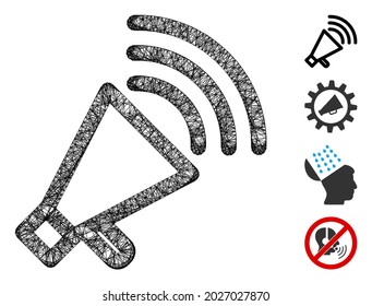 Ilustración vectorial del símbolo web megáfono de malla. La abstracción se basa en un icono plano megáfono. La malla forma un modelo plano de megáfono abstracto. Red web plana con marco de cable aislada en un fondo blanco.
