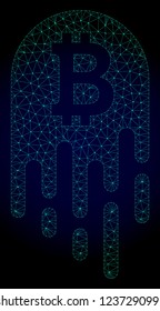 Mesh melting bitcoin polygonal illustration. Abstract mesh lines, triangles and points on dark background with melting bitcoin.