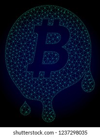 Mesh melting bitcoin polygonal illustration. Abstract mesh lines, triangles and points on dark background with melting bitcoin.