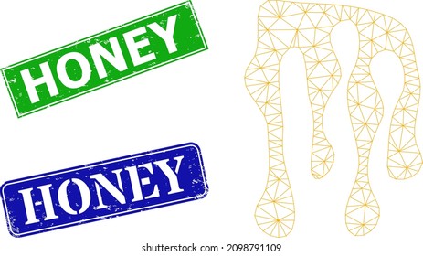 Mesh melting honey image, and Honey blue and green rectangle rubber stamps. Mesh carcass symbol is created from melting honey pictogram. Stamps include Honey title inside rectangular frame.