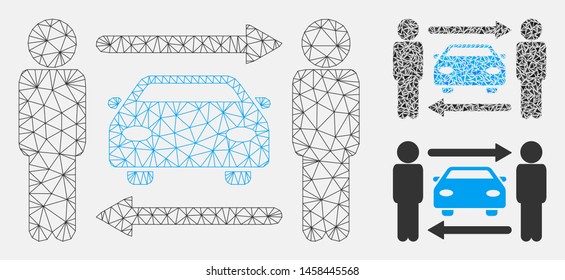 Mesh men cars exchange model with triangle mosaic icon. Wire carcass polygonal mesh of men cars exchange. Vector mosaic of triangle elements in different sizes, and color shades.