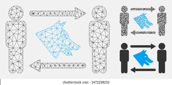 Mesh men dog exchange model with triangle mosaic icon. Wire carcass polygonal mesh of men dog exchange. Vector mosaic of triangle elements in different sizes, and color tints.