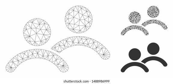 Mesh men model with triangle mosaic icon. Wire carcass polygonal mesh of men. Vector mosaic of triangle elements in variable sizes, and color tones. Abstract flat mesh men, built from polygonal grid.