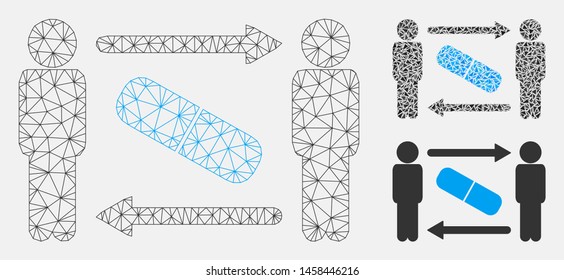 Mesh men pill exchange model with triangle mosaic icon. Wire frame polygonal mesh of men pill exchange. Vector composition of triangles in variable sizes, and color hues.