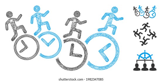 Mesh men running over clocks polygonal web icon vector illustration. Model is based on men running over clocks flat icon. Triangular network forms abstract men running over clocks flat model.
