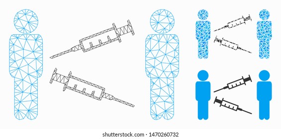 Mesh men syringe exchange model with triangle mosaic icon. Wire carcass triangular mesh of men syringe exchange. Vector mosaic of triangle parts in different sizes, and color tints.