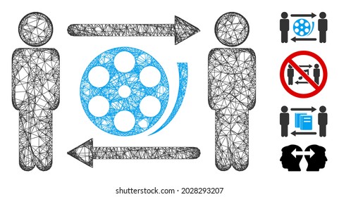Mesh men video exchange web 2d vector illustration. Carcass model is based on men video exchange flat icon. Network forms abstract men video exchange flat model.
