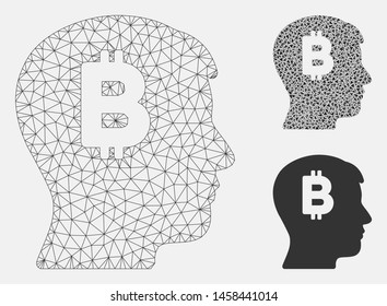 Mesh mental Bitcoin model with triangle mosaic icon. Wire carcass triangular mesh of mental Bitcoin. Vector mosaic of triangles in variable sizes, and color tints. Abstract 2d mesh mental Bitcoin,
