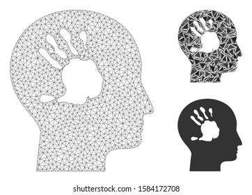 Mesh mental imprinting model with triangle mosaic icon. Wire frame polygonal mesh of mental imprinting. Vector mosaic of triangle elements in variable sizes, and color tones.