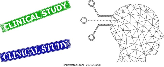Mesh mental interface model, and Clinical Study blue and green rectangular scratched stamp seals. Mesh wireframe symbol is created from mental interface pictogram.
