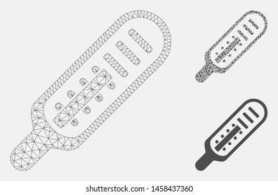 Mesh mercury thermometer model with triangle mosaic icon. Wire carcass triangular mesh of mercury thermometer. Vector mosaic of triangle parts in different sizes, and color tinges.