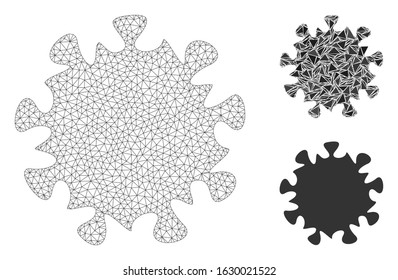 Mesh MERS virus model with triangle mosaic icon. Wire frame triangular mesh of MERS virus. Vector mosaic of triangle parts in various sizes, and color hues. Abstract flat mesh MERS virus,