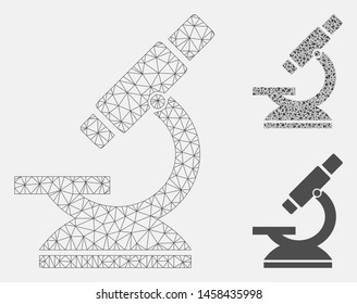Mesh microscope model with triangle mosaic icon. Wire frame triangular mesh of microscope. Vector mosaic of triangle elements in various sizes, and color shades. Abstract flat mesh microscope,