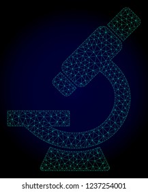 Mesh microscope polygonal illustration. Abstract mesh lines, triangles and points on dark background with microscope. Wire frame 2D polygonal line network in vector format on a dark blue background.