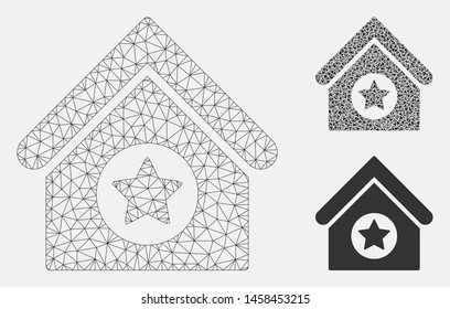 Mesh military building model with triangle mosaic icon. Wire carcass triangular network of military building. Vector mosaic of triangle parts in different sizes, and color shades.
