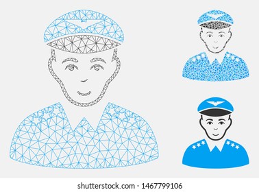Mesh military pilot officer model with triangle mosaic icon. Wire frame triangular mesh of military pilot officer. Vector mosaic of triangle parts in various sizes, and color tints.