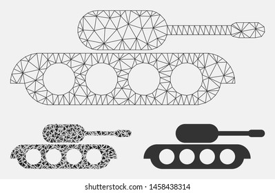 Mesh military tank model with triangle mosaic icon. Wire frame triangular mesh of military tank. Vector mosaic of triangles in various sizes, and color hues. Abstract flat mesh military tank,