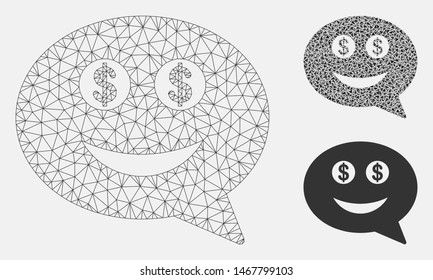 Mesh millionaire smiley message model with triangle mosaic icon. Wire carcass triangular mesh of millionaire smiley message. Vector mosaic of triangles in different sizes, and color tones.