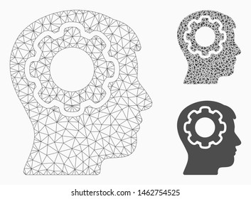Mesh mind gear model with triangle mosaic icon. Wire carcass polygonal mesh of mind gear. Vector mosaic of triangle parts in different sizes, and color shades. Abstract flat mesh mind gear,