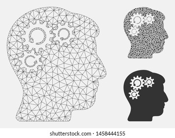 Mesh mind gear rotation model with triangle mosaic icon. Wire carcass triangular mesh of mind gear rotation. Vector mosaic of triangle elements in different sizes, and color tints.