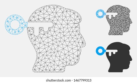 Mesh mind key model with triangle mosaic icon. Wire frame triangular mesh of mind key. Vector mosaic of triangle parts in different sizes, and color shades. Abstract flat mesh mind key,