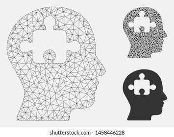 Mesh mind model with triangle mosaic icon. Wire frame triangular network of mind. Vector mosaic of triangle parts in variable sizes, and color tints. Abstract 2d mesh mind, designed with triangles.