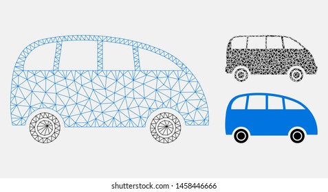 Mesh minibus model with triangle mosaic icon. Wire frame triangular mesh of minibus. Vector mosaic of triangle elements in different sizes, and color tinges. Abstract 2d mesh minibus,