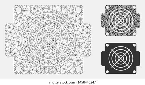 Mesh mining ASIC device model with triangle mosaic icon. Wire frame polygonal mesh of mining ASIC device. Vector mosaic of triangle elements in various sizes, and color hues.