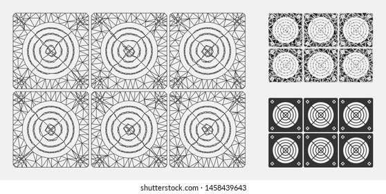 Mesh mining ASIC farm model with triangle mosaic icon. Wire carcass polygonal mesh of mining ASIC farm. Vector composition of triangle elements in variable sizes, and color hues.