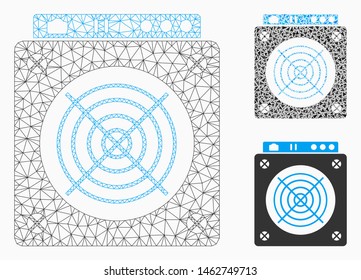 Mesh mining ASIC hardware model with triangle mosaic icon. Wire frame triangular mesh of mining ASIC hardware. Vector mosaic of triangle elements in various sizes, and color tinges.