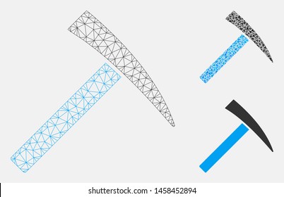 Mesh mining hammer model with triangle mosaic icon. Wire carcass polygonal network of mining hammer. Vector mosaic of triangle elements in various sizes, and color hues.