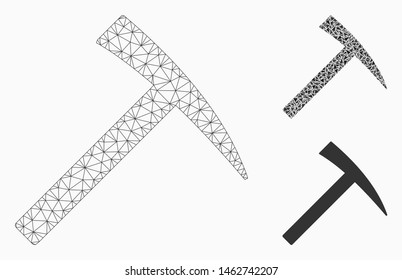 Mesh mining hammer model with triangle mosaic icon. Wire carcass triangular mesh of mining hammer. Vector composition of triangle elements in variable sizes, and color hues.