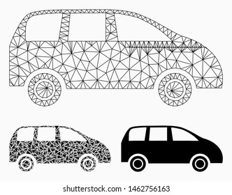 Mesh minivan model with triangle mosaic icon. Wire frame polygonal mesh of minivan. Vector collage of triangle elements in variable sizes, and color tinges. Abstract 2d mesh minivan,