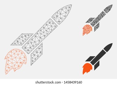 Mesh missile flight model with triangle mosaic icon. Wire frame triangular mesh of missile flight. Vector mosaic of triangle parts in different sizes, and color tints. Abstract 2d mesh missile flight,