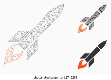 Mesh missile flight model with triangle mosaic icon. Wire carcass triangular mesh of missile flight. Vector mosaic of triangle parts in various sizes, and color tinges.
