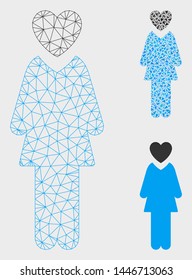 Mesh mistress model with triangle mosaic icon. Wire carcass triangular mesh of mistress. Vector mosaic of triangle elements in different sizes, and color tints. Abstract 2d mesh mistress,