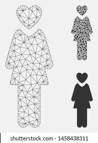Mesh mistress model with triangle mosaic icon. Wire frame triangular network of mistress. Vector mosaic of triangle elements in various sizes, and color tinges. Abstract flat mesh mistress,