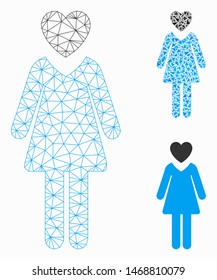 Mesh mistress model with triangle mosaic icon. Wire carcass polygonal mesh of mistress. Vector mosaic of triangles in various sizes, and color tinges. Abstract 2d mesh mistress,