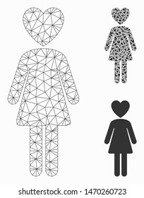 Mesh mistress model with triangle mosaic icon. Wire frame triangular mesh of mistress. Vector mosaic of triangle elements in variable sizes, and color tinges. Abstract flat mesh mistress,