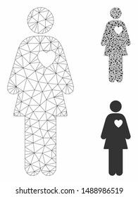 Mesh mistress model with triangle mosaic icon. Wire frame polygonal network of mistress. Vector mosaic of triangle parts in various sizes, and color hues. Abstract flat mesh mistress,