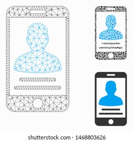 Mesh mobile account model with triangle mosaic icon. Wire carcass triangular mesh of mobile account. Vector mosaic of triangle parts in various sizes, and color hues.