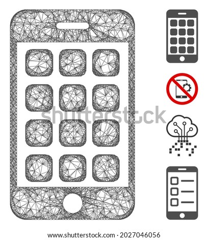 Mesh mobile apps web icon vector illustration. Carcass model is created from mobile apps flat icon. Network forms abstract mobile apps flat carcass.