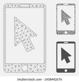 Mesh mobile arrow pointer model with triangle mosaic icon. Wire carcass polygonal mesh of mobile arrow pointer. Vector mosaic of triangle parts in various sizes, and color shades.