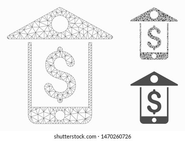 Mesh mobile bank model with triangle mosaic icon. Wire frame triangular mesh of mobile bank. Vector mosaic of triangles in variable sizes, and color hues. Abstract flat mesh mobile bank,