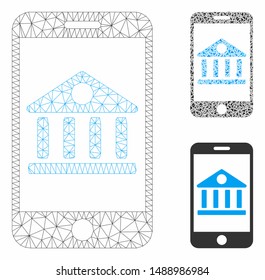 Mesh mobile bank model with triangle mosaic icon. Wire frame polygonal mesh of mobile bank. Vector mosaic of triangle parts in variable sizes, and color tints. Abstract 2d mesh mobile bank,