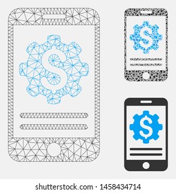 Mesh mobile bank options model with triangle mosaic icon. Wire frame polygonal mesh of mobile bank options. Vector mosaic of triangle elements in different sizes, and color tones.